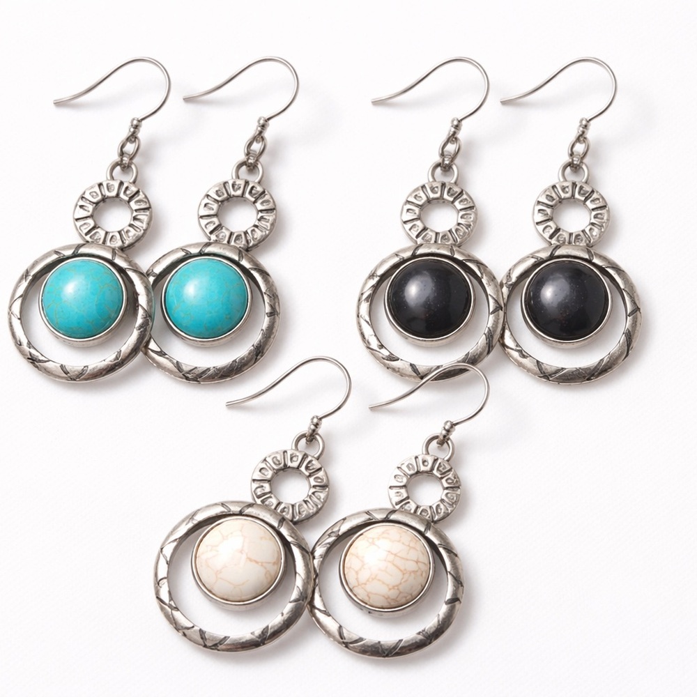 Western Boho Silver Dangle Earrings 3 Pair Set Turquoise Black White